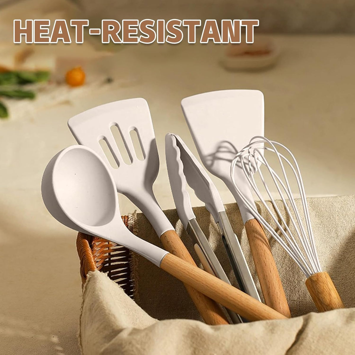 Umite Chef Kitchen Cooking Utensils Set, 33 Pcs Non-Stick Silicone Cooking Kitchen Utensils Spatula Set with Holder, Wooden Handle Silicone Kitchen Gadgets Utensil Set (Khaki)