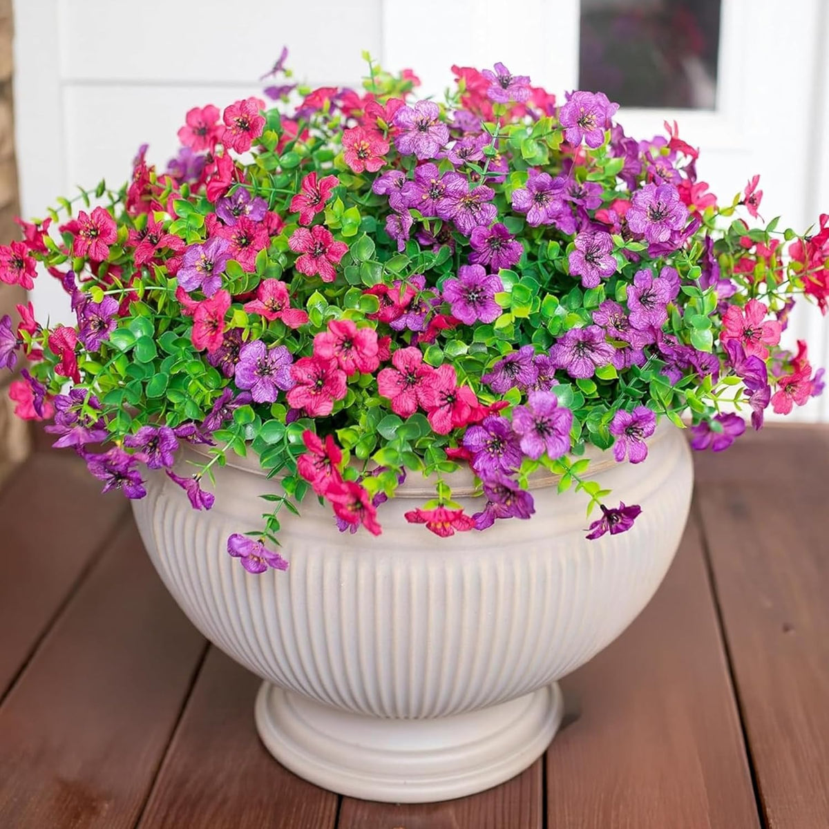 Hyeflora Artificial Flowers for Outdoor Indoor Garden Home Decoration, Faux Flower Daisy with Eucalyptus Leaves Fake Plants Greenery Boxwood Porch Patio, 12 Bundles (Purple Pink)
