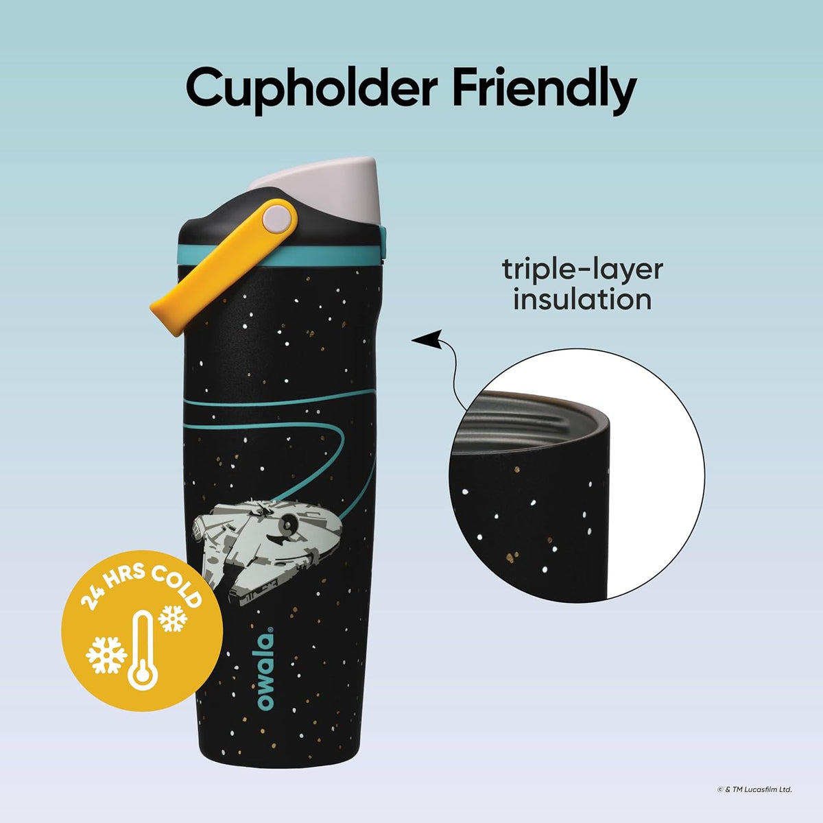 Owala Star Wars Freesip Sway Insulated Stainless Steel Water Bottle with Two-Way Spout, Built-In Straw and Bucket Handle, School, and Sports, 30Oz, BPA Free, Leak Proof, Millennium Falcon