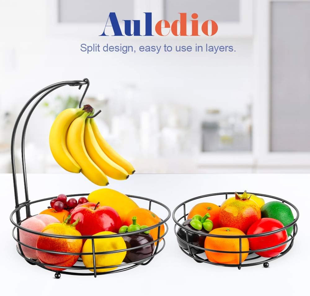 Auledio Iron 2-Tier Countertop Fruit Vegetables Basket Bowl Storage with Banana Hanger, Black, 64 Ounces