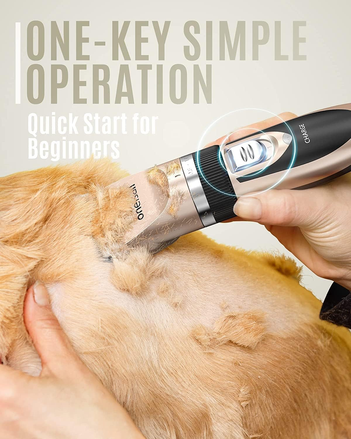 Oneisall Dog Clipper Low Noise, Dog Grooming Kit with Rechargeable, Pet Shaver Cordless Electric Quiet Hair Clipper Set for Dogs Cats Pets(Gold)