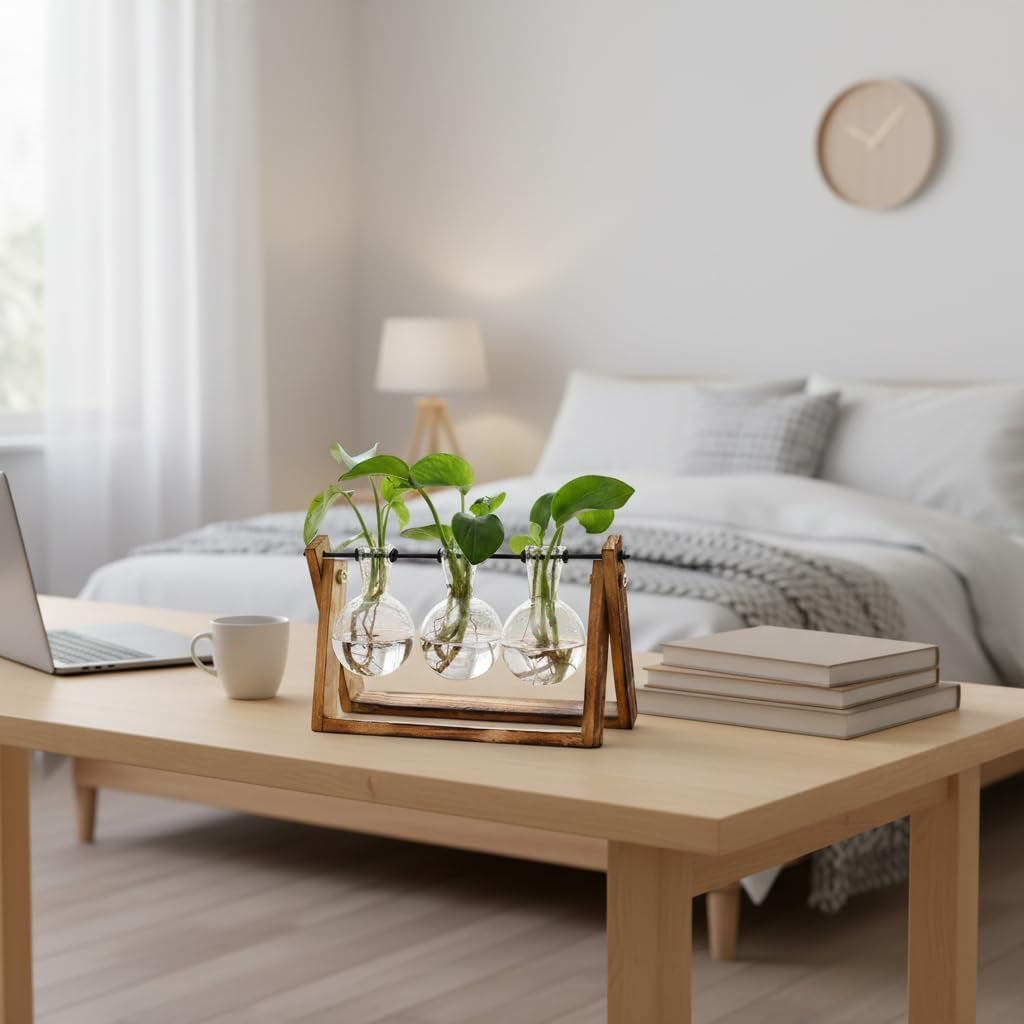 XXXFLOWER Plant Terrarium with Wooden Stand, Air Planter Bulb Glass Vase Metal Swivel Holder Retro Tabletop for Hydroponics Home Garden Office Decoration - 3 Bulb Vase