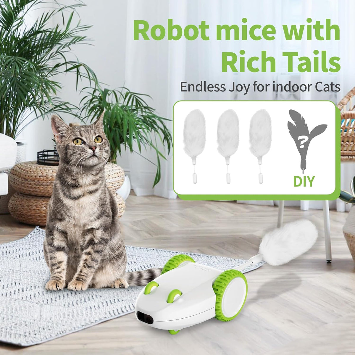 PETGEEK Automatic Cat Mouse Toys Interactive Cat Toys for Indoor Cats, Smart Sensing Moving Electric Cat Toys with Catnip Wand, USB Rechargeable Remote Control Squeaky Mouse Cat Toy, 3 Catnip Tails