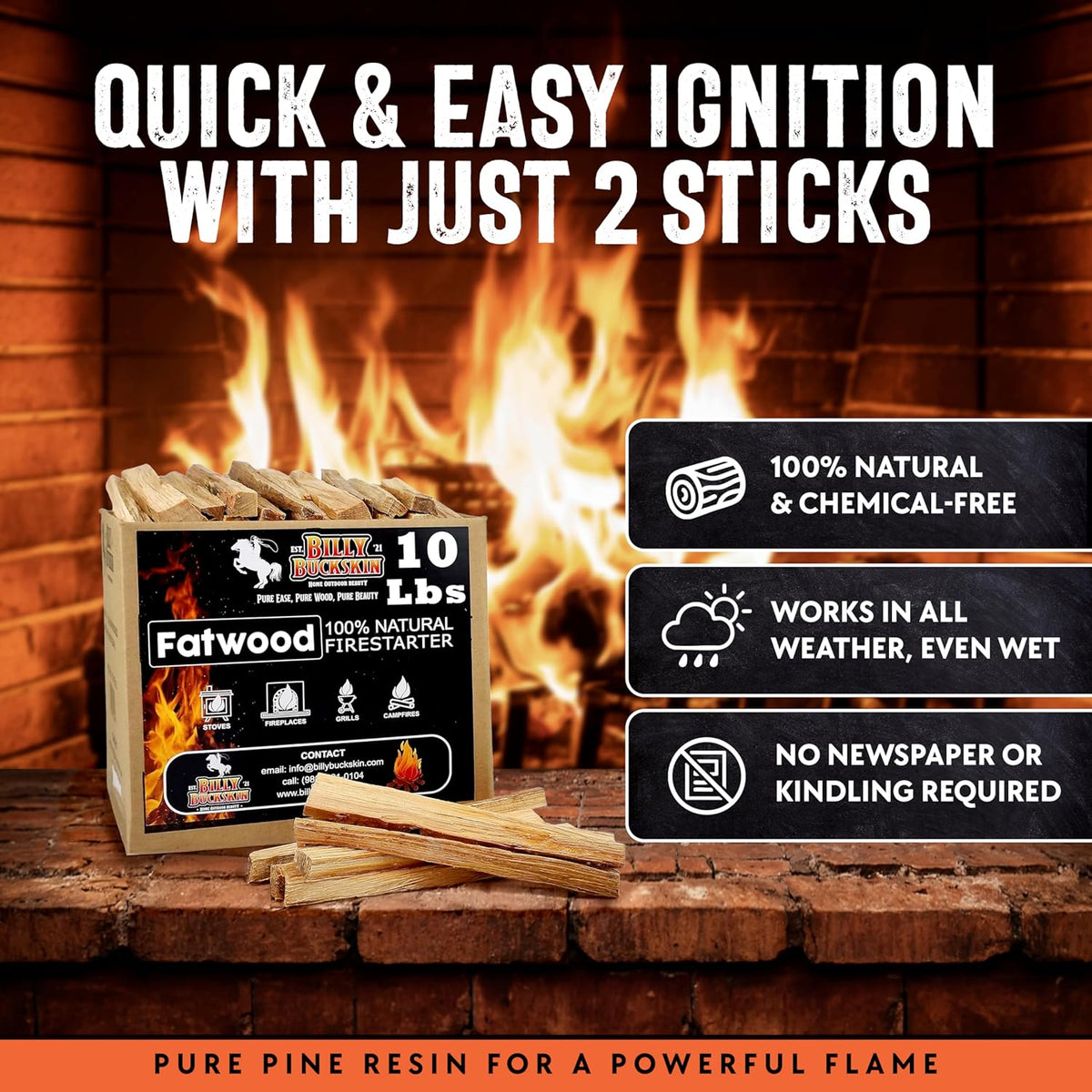 40Lb Fatwood Fire Starter Sticks | 100% Natural Fire Starters for Grill, Campfire, Wood Stoves, Bonfires | Easy Firestarter W/Just 2 Sticks in All Weather Conditions by Billy Buckskin (40Lb Box)