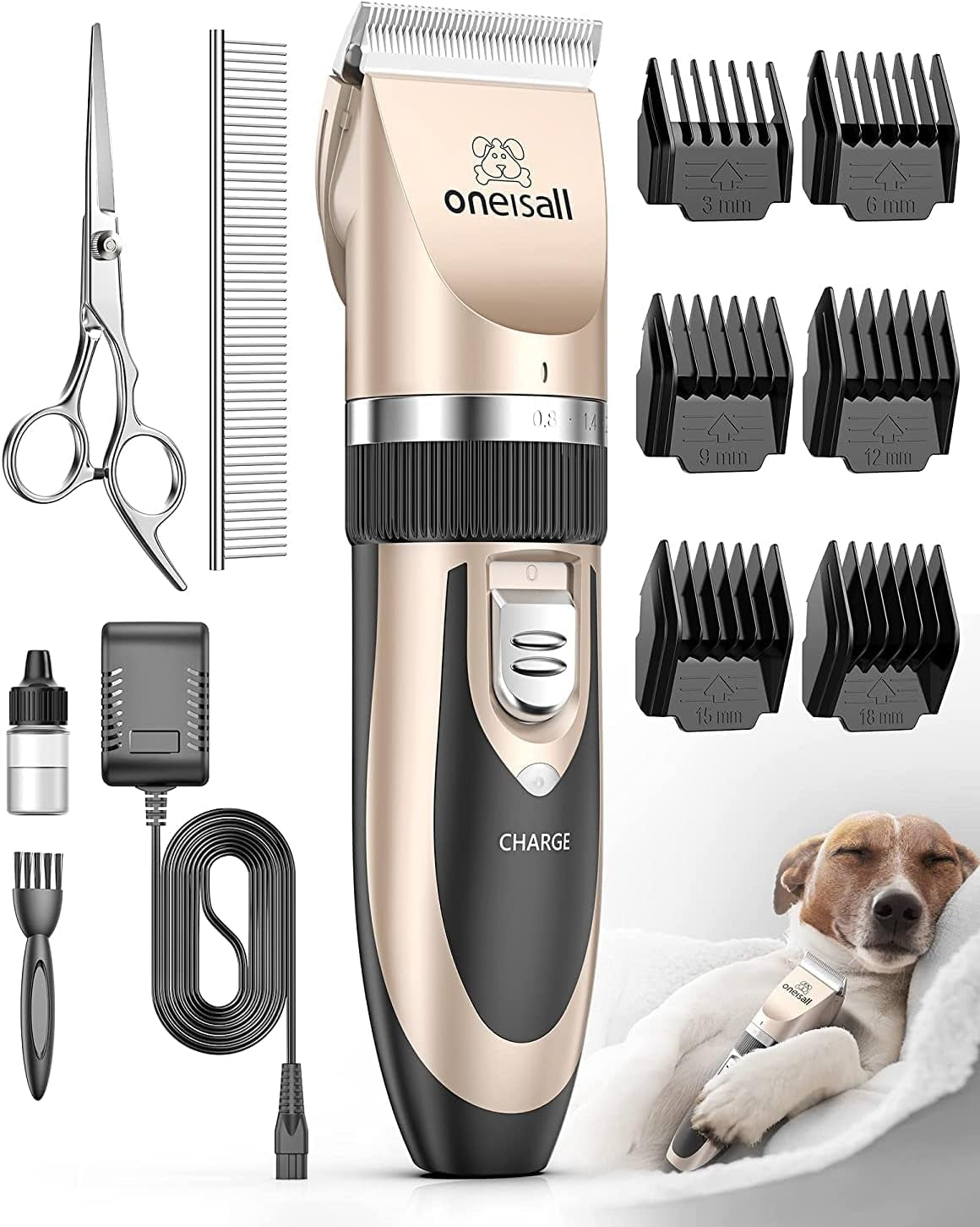 Oneisall Dog Clipper Low Noise, Dog Grooming Kit with Rechargeable, Pet Shaver Cordless Electric Quiet Hair Clipper Set for Dogs Cats Pets(Gold)