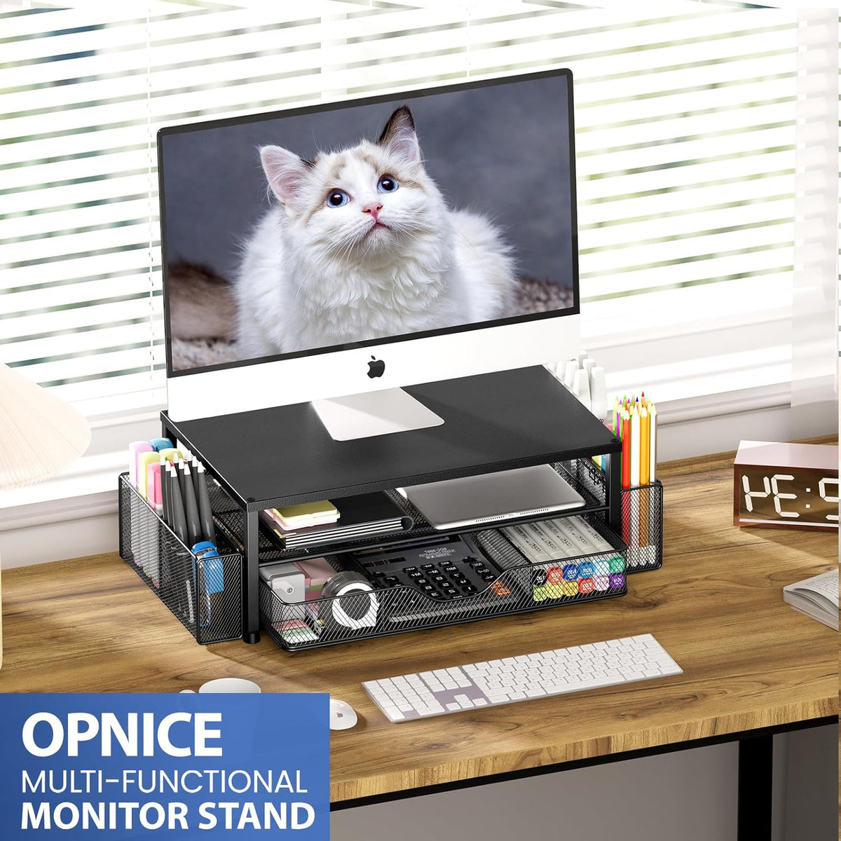 OPNICE Desk Organizer and Accessories, 2-Tier Computer Monitor Stand Riser with Drawer and 2 Pen Holders, Laptop Stand, Office Desk Accessories for Office Supplies, Black