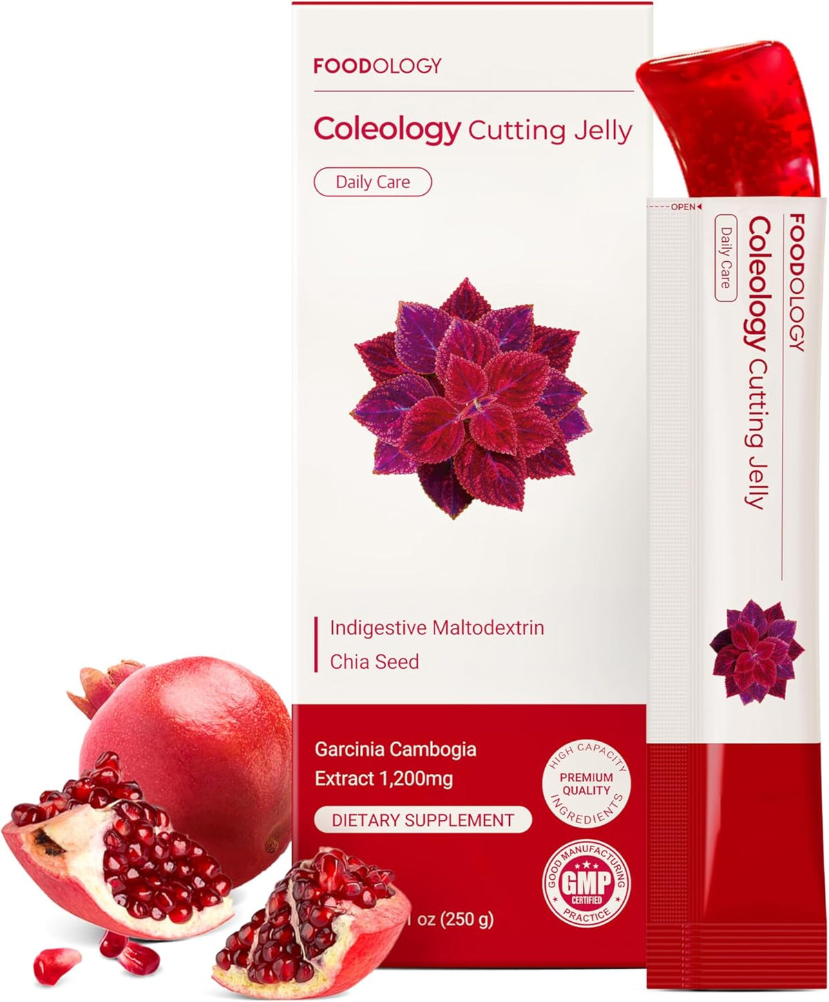 FOODOLOGY Coleology Cutting Stick Jelly (Pomegranate) – Dietary Fiber Supplement for Healthy Weight Management, Chia Seeds & Garcinia Cambogia, Korean Beauty with Collagen – 10 Sticks