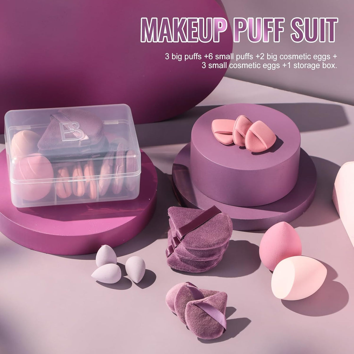 Makeup Sponge Set BS-MALL Triangle Puff 14 Pcs for Liquid, Cream, and Powder, Multi-Colored Makeup Sponges and Mini Sponge with Case (A-Purple)