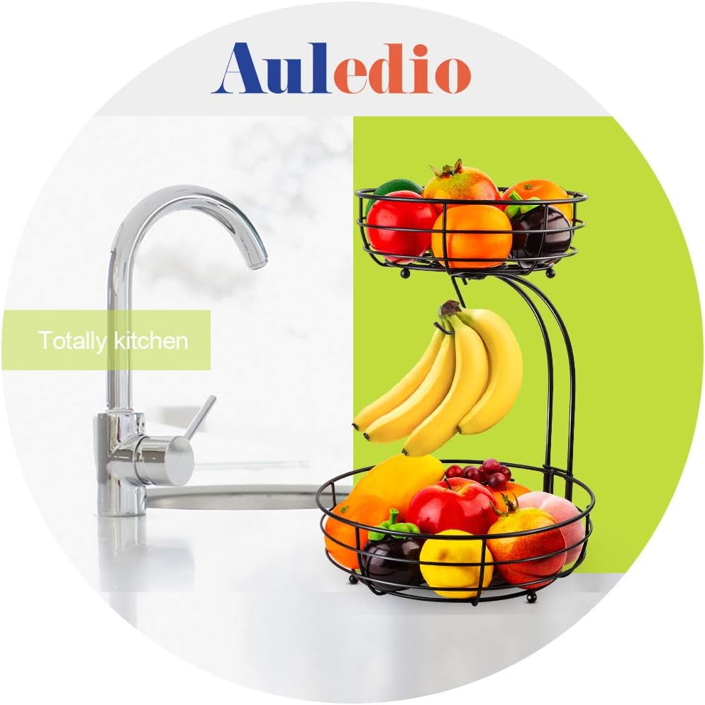 Auledio Iron 2-Tier Countertop Fruit Vegetables Basket Bowl Storage with Banana Hanger, Black, 64 Ounces