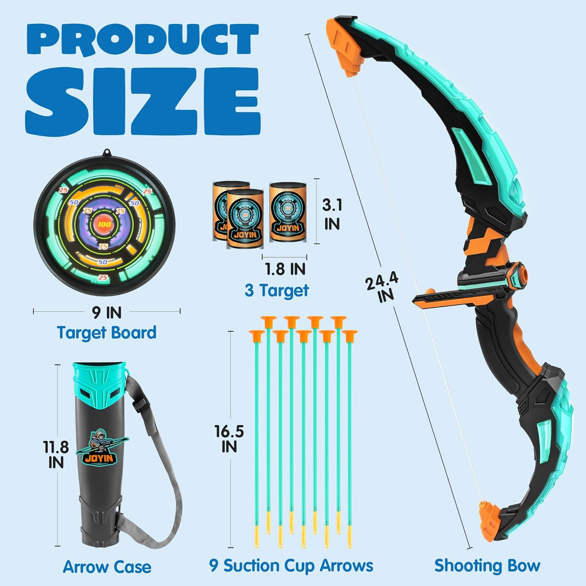 JOYIN Kids Bow and Arrow Set, LED Light up Archery Toy Set with 9 Suction Cup Arrows, Target & Arrow Case, Indoor and Outdoor Hunting Play Gift Toys for Kids, Boys & Girls Ages 6-12
