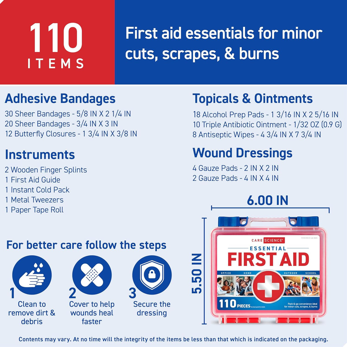 Care Science First Aid Kit, 110 Pieces | Professional Use for Travel, Work, School, Home, Car, Emergency, Survival, Camping, Hiking, and More