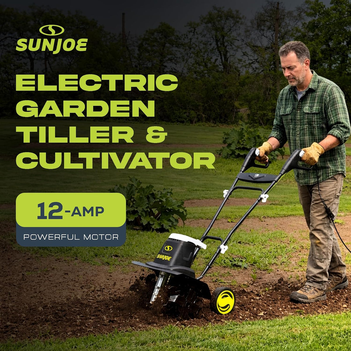 Sun Joe Corded Electric Garden Cultivator with Steel Blades, 6.3-Inch Wide Path, 2.5-Amp Motor - Heavy-Duty Cultivating Machine for Soil Prep, Lawn & Garden Maintenance, TJ599E