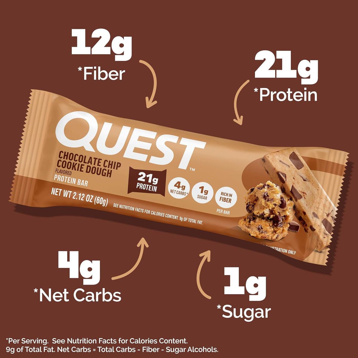 Quest Nutrition Dipped Chocolate Chip Cookie Dough Protein Bars, 18G Protein, 3G Net Carbs, Gluten Free, 1.76 Oz, 12 Count