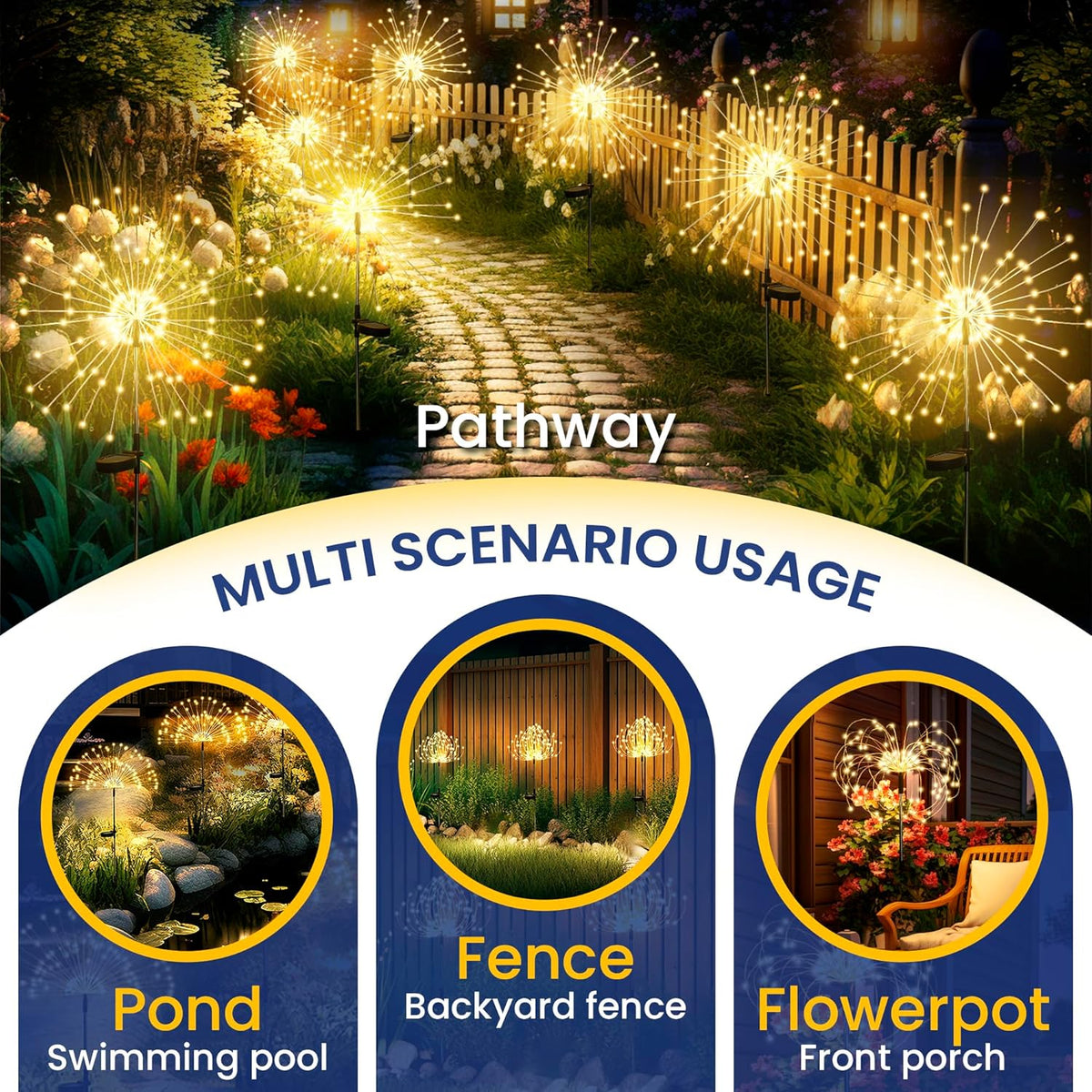 GIGALUMI Garden Decor Outdoor Lights 120LED 4Pack, Solar Garden Lights outside Fairy Firework Decorative,Solar Powered for Yard Pathway Flowerbed Planter Balcony Patio 4Th of July Decor (Warm White