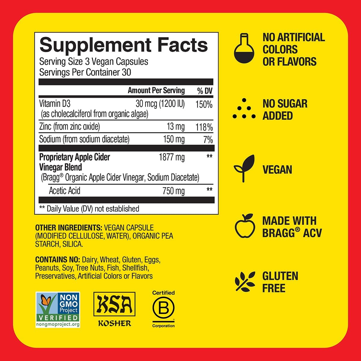 Bragg Organic Apple Cider Vinegar Capsules with Vitamin D and Zinc - (2 Pack) 90 Count - Supports Immune System