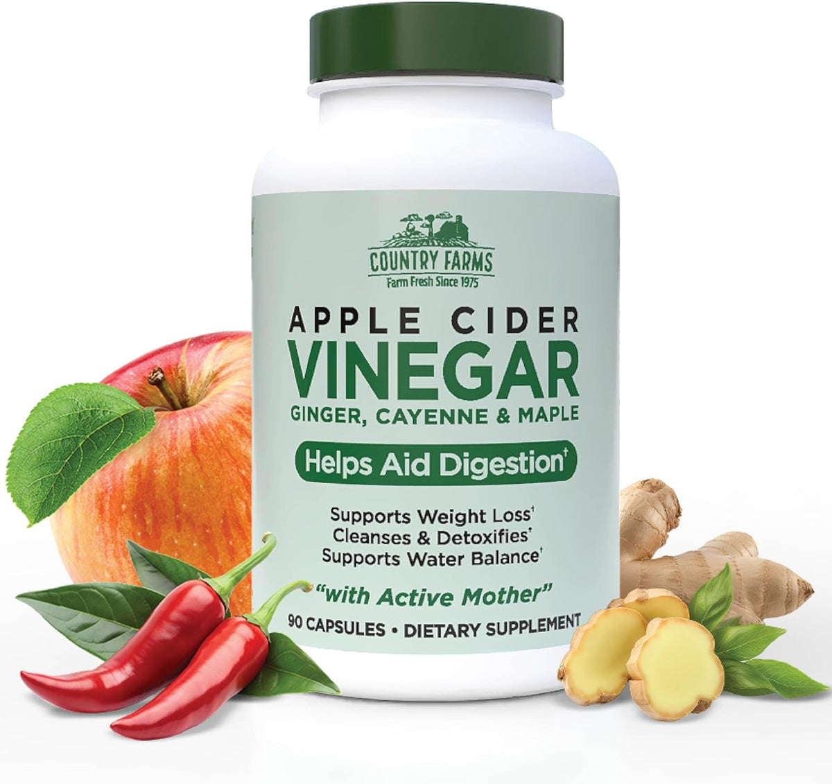 Country Farms Apple Cider Vinegar Capsules, with Ginger, Cayenne and Maple, Helps Aid Digestion, Supports Healthy Weight Loss, Cleanses and Detoxifies, Supports Water Balance, 90 Count, 90 Servings
