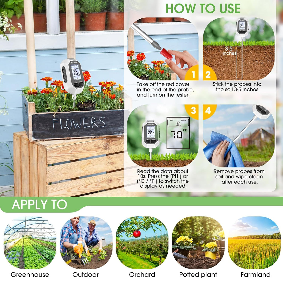 YAMRON 4-In-1 Soil Moisture Meter, Digital Plant Temperature/Soil Moisture Test & PH Meter/Sunlight Intensity, Backlight LCD Display for Gardening, Farming and Outdoor Plants