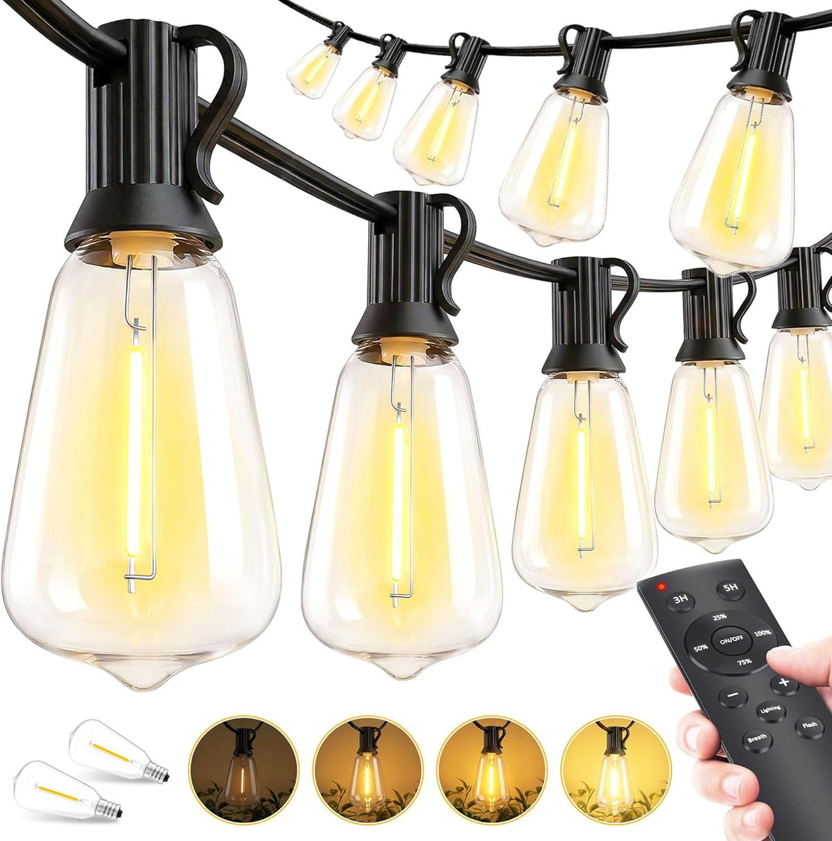 Outdoor Lights String Patio outside - 100Ft 30M LED Waterproof Light - Hanging Lighting ST38 Shatterproof Edison Bulb Deck Backyard Gazebo Balcony Party Bistro Cafe Pergola Garden Yard Porch Dimmable