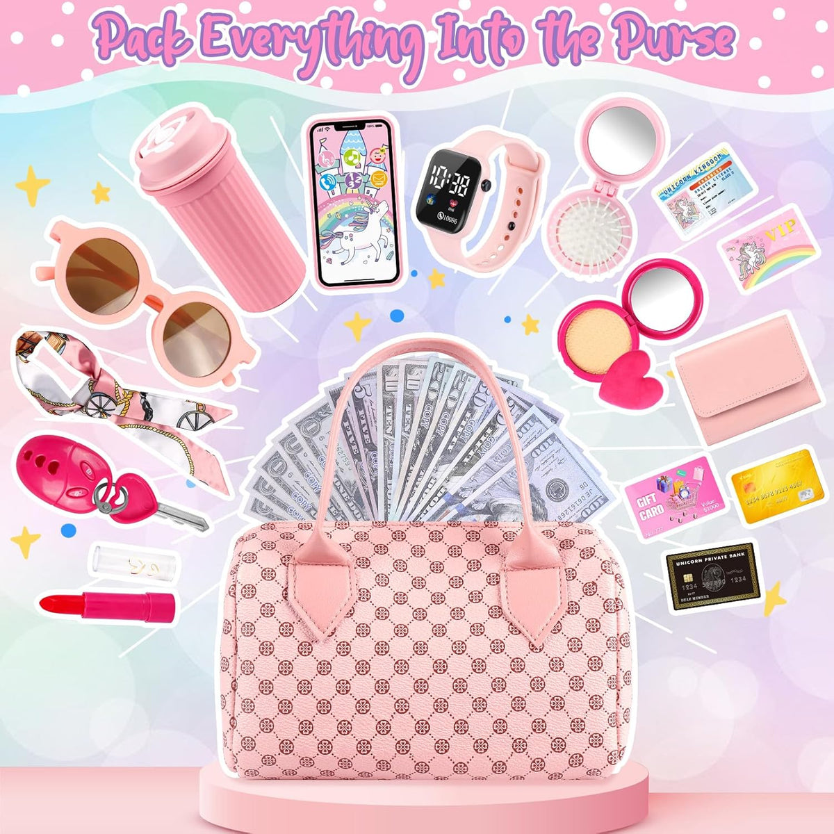 Oisacirg Play Purse for Little Girls, 32PCS Toddler Purse with Pretend Makeup for Kids, Princess Toys Includes Handbag, Phone, Wristwatch, Silk Scarf Kids Toy Purse Birthday Gift for Girls 3 4 5 6 +