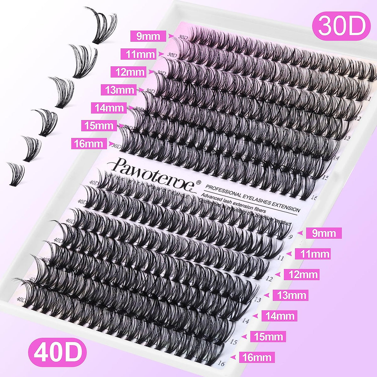Pawotence Lash Extension Kit DIY 280Pcs Lash Clusters Eyelash Extension Kit, 9-16Mm 30D 40D Individual Lashes Kit with Lash Bond and Seal, Lash Tweezers for Self Use (30D&40D, 0.07D, 9-16Mm, Kit)