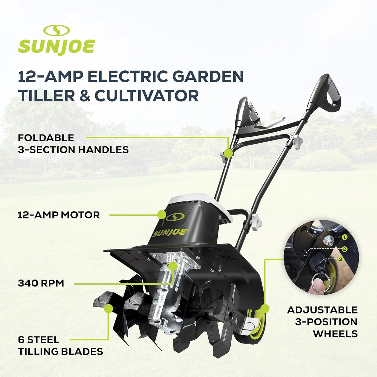 Sun Joe Electric Garden Tiller and Cultivator with 3 Position Height Adjustment Maximum 12-Inch Cultivating Width and 8 Amp Motor, TJ602E