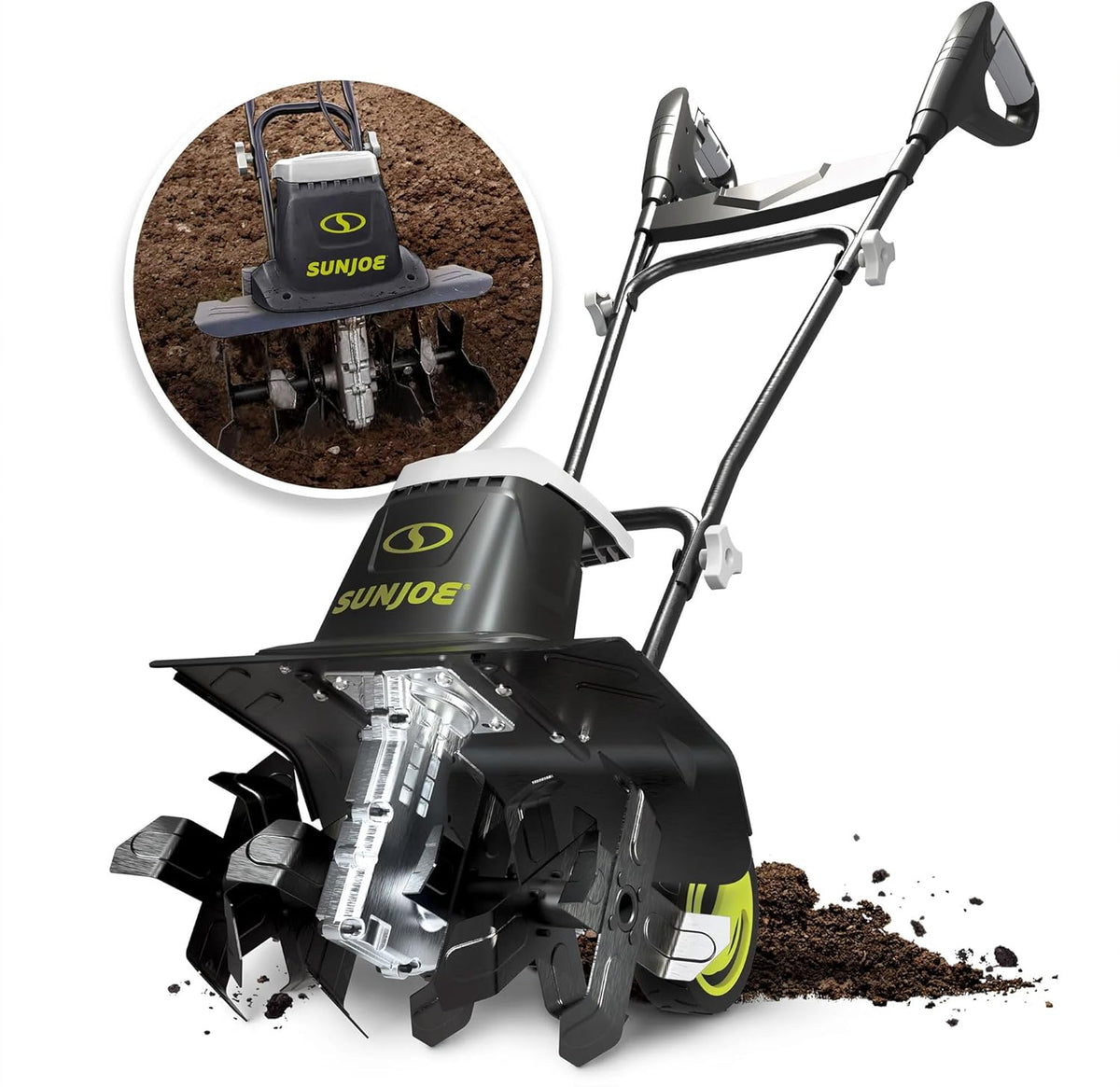 Sun Joe Electric Garden Tiller and Cultivator with 3 Position Height Adjustment Maximum 12-Inch Cultivating Width and 8 Amp Motor, TJ602E