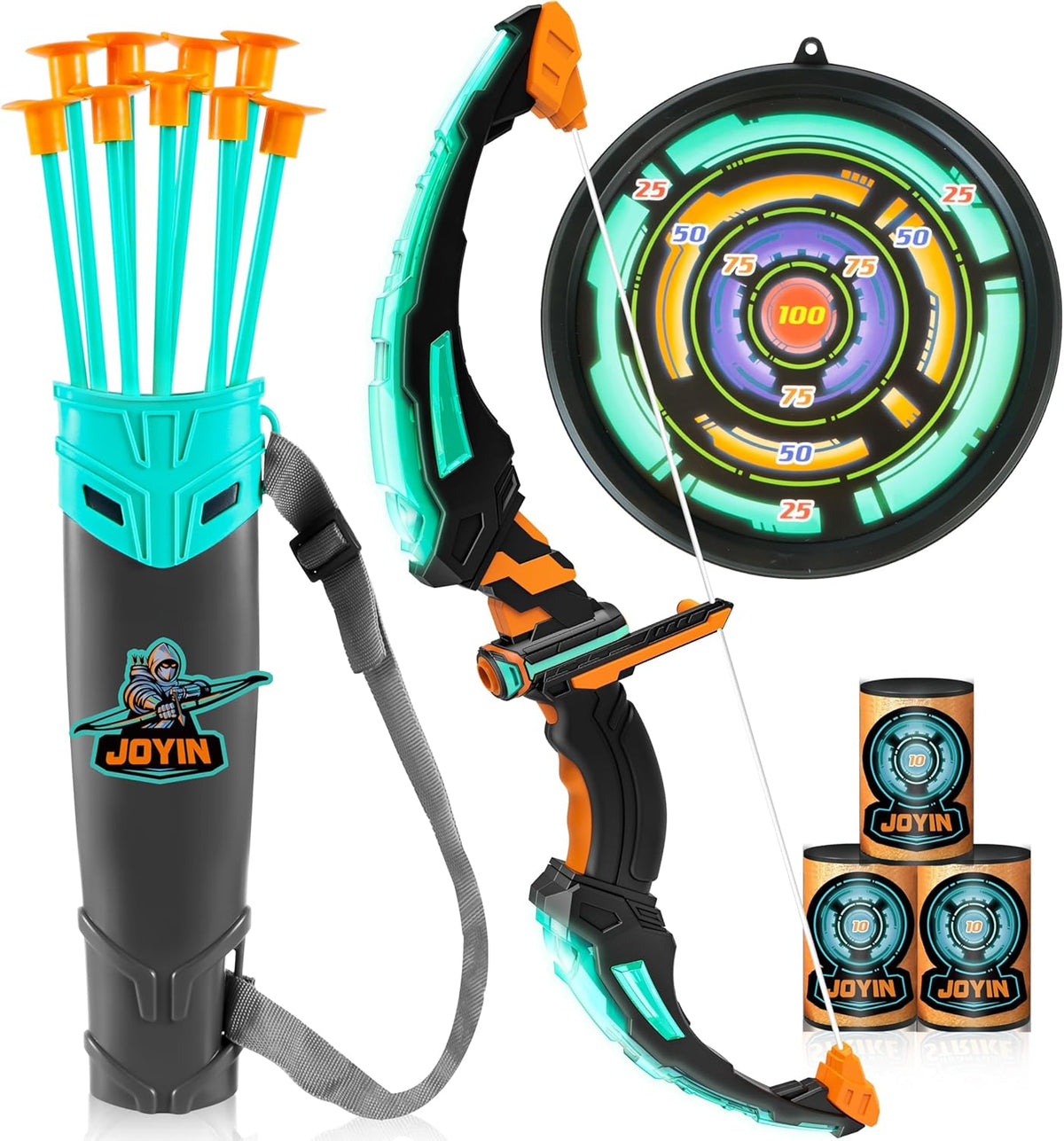JOYIN Kids Bow and Arrow Set, LED Light up Archery Toy Set with 9 Suction Cup Arrows, Target & Arrow Case, Indoor and Outdoor Hunting Play Gift Toys for Kids, Boys & Girls Ages 6-12