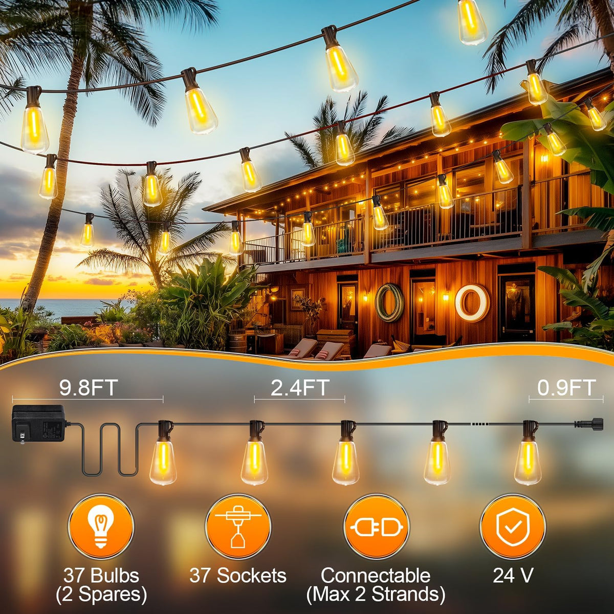 MGVIH Outdoor String Led Patio Lights: 65Ft 20M outside Waterproof Light with Remote Dimmable ST38 Shatterproof Bulb Connectable Hanging Outdoor Electric Lighting for Backyard Yard Gazebo Porch Party