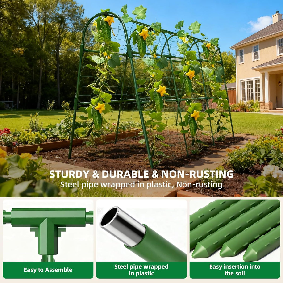 Cucumber Trellis for Raised Bed, U-Shape Garden Arch Metal Support for Climbing Plants, Metal Arch Plant Support Vegetables Trellis, Plant Support for Vine Outdoor (Green, 47*30*47Inch(L*W*H))