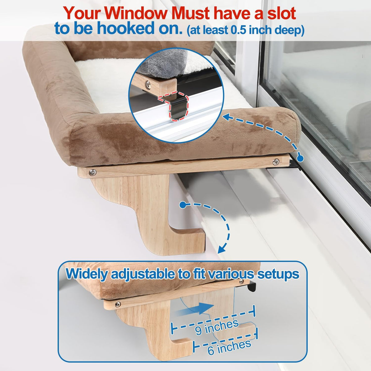 Zakkart Cat Perch for Window Sill with Bolster - Orthopedic Hammock Design with Premium Hardwood & Robust Metal Frame - Cat Window Seat for Large Cats and Kittens - Natural Color Wood Gray Bed, 24''W
