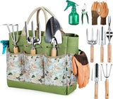 Grenebo Garden Tools 9-Piece Heavy Duty Gardening Hand Tools with Fashion and Durable Garden Tools Organizer Handbag, Rust-Proof Garden Tools Set, Ideal Gardening Gifts for Women (Black Red)
