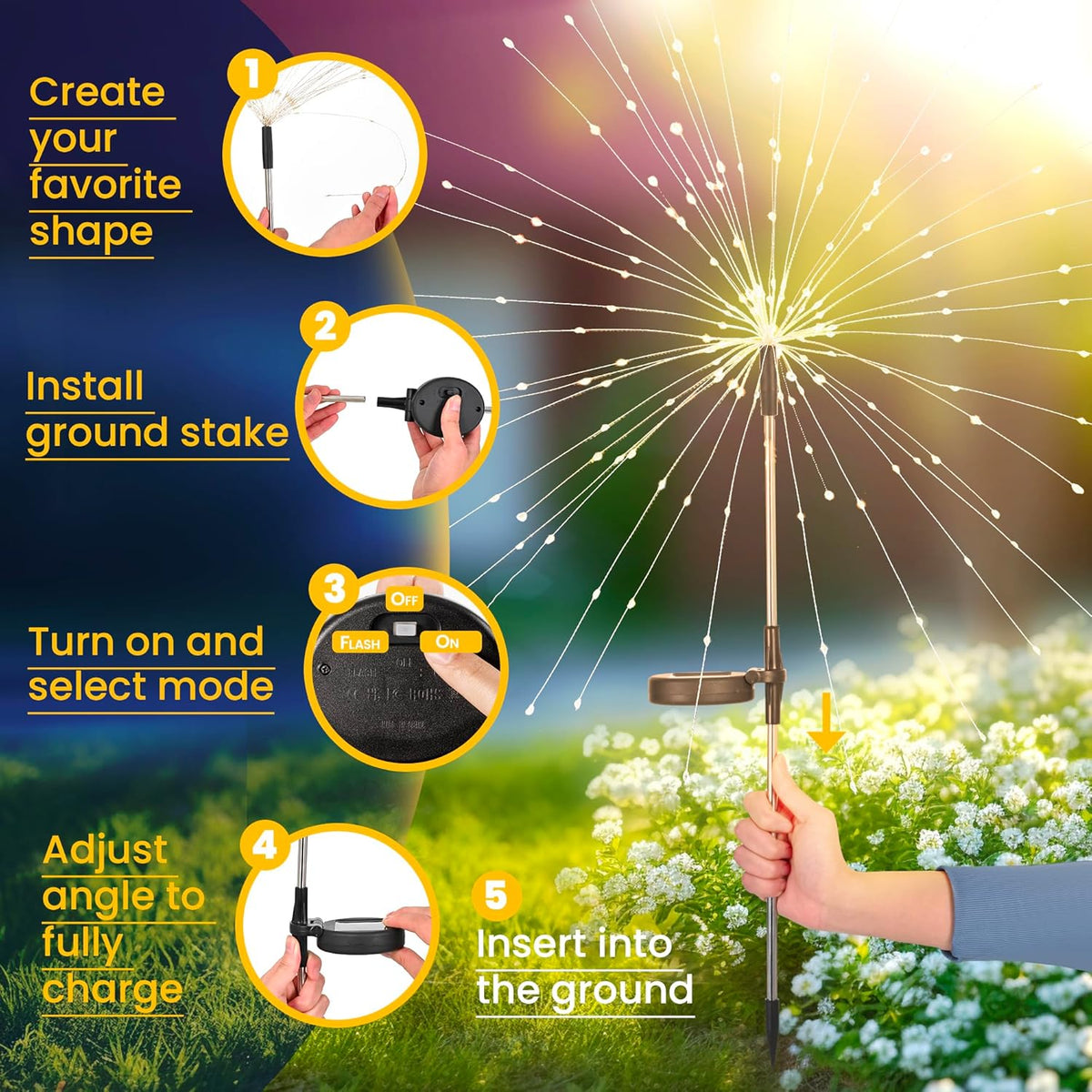 GIGALUMI Garden Decor Outdoor Lights 120LED 4Pack, Solar Garden Lights outside Fairy Firework Decorative,Solar Powered for Yard Pathway Flowerbed Planter Balcony Patio 4Th of July Decor (Warm White