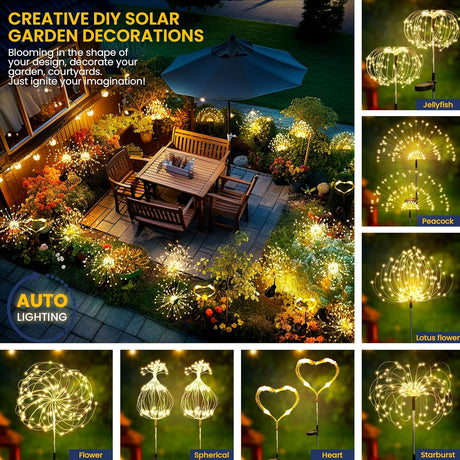 GIGALUMI Garden Decor Outdoor Lights 120LED 2Pack, Solar Garden Lights outside Fairy Firework Decorative,Solar Powered for Yard Pathway Flowerbed Planter Balcony Patio 4Th of July Decor (Warm White
