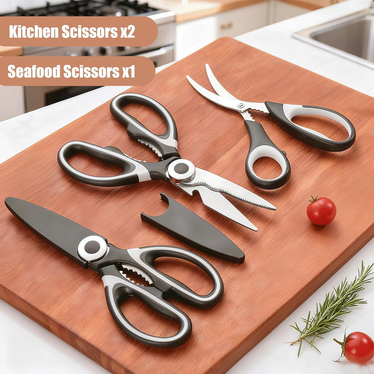 OMDAR Food Grade Kitchen Scissors All Purpose 3 Pack - Heavy Duty Stainless Steel Cooking Shears for Cutting Meat, Food, Fish, Poultry Sharp Sissors for Dishwasher Safe - with Protective Sheath
