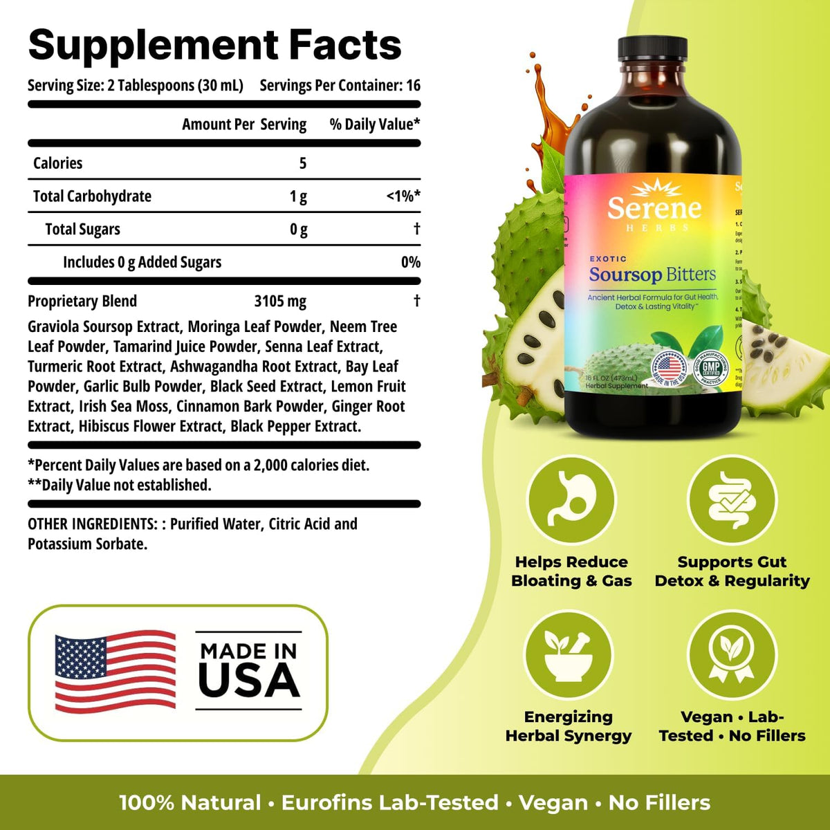 Serene Herbs Soursop Bitters Liquid with Soursop Leaves for Gut Cleanse, Detox & Immune Boost with Black Seed, Moringa, Irish Moss, Ashwaganda, Turmeric, 16 Fl Oz (Pack of 1), Mango