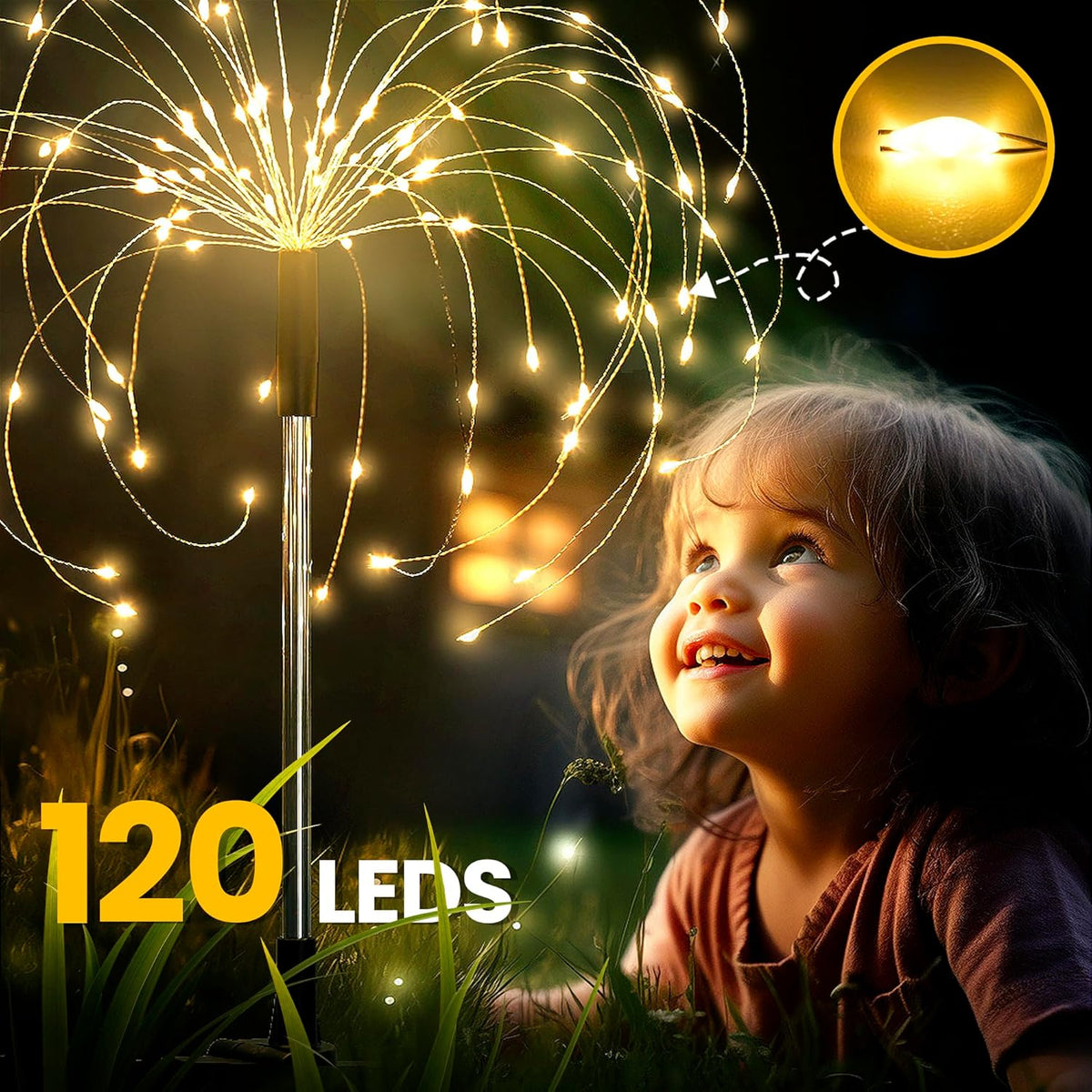 GIGALUMI Garden Decor Outdoor Lights 120LED 4Pack, Solar Garden Lights outside Fairy Firework Decorative,Solar Powered for Yard Pathway Flowerbed Planter Balcony Patio 4Th of July Decor (Warm White