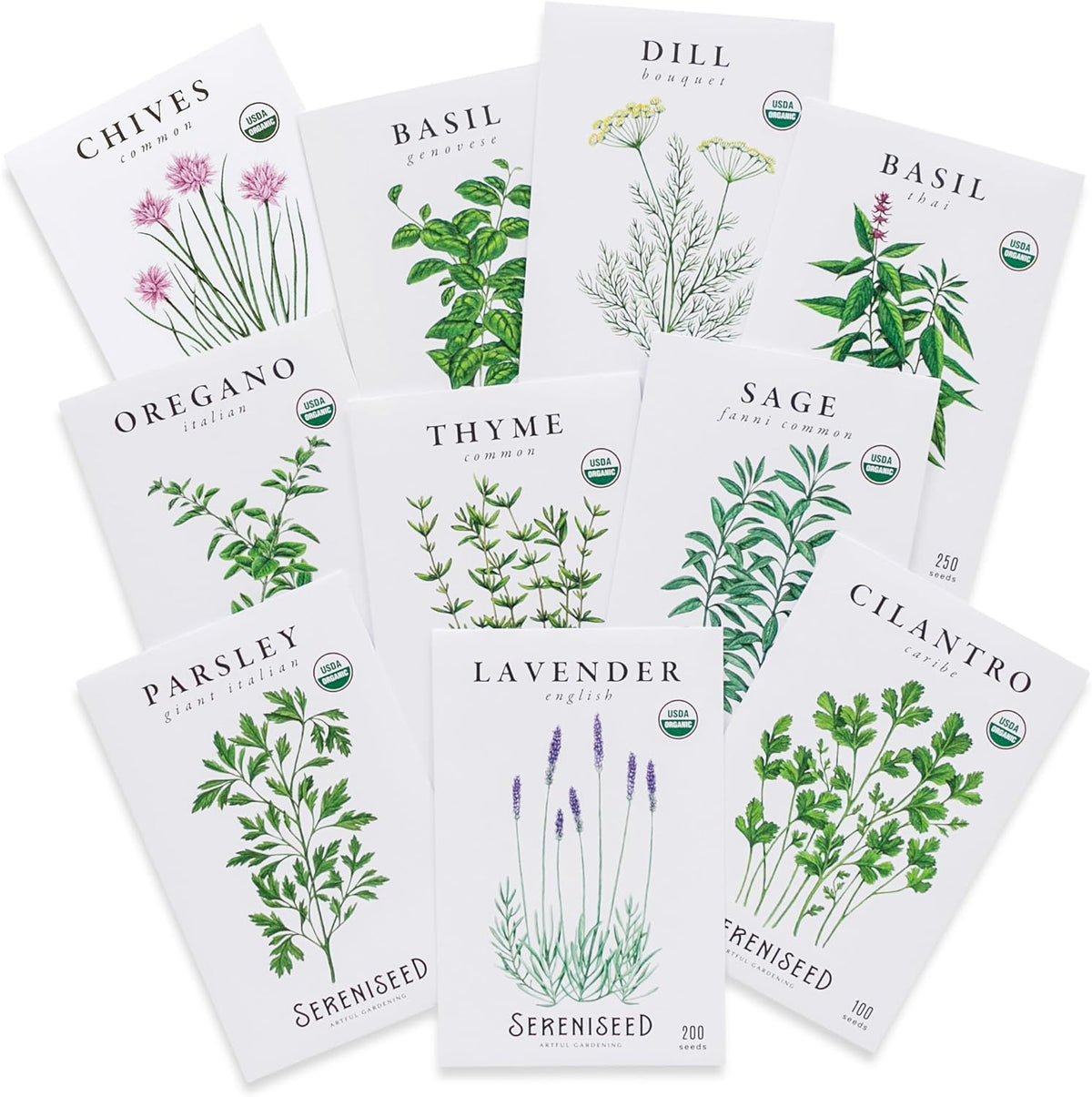 Sereniseed Certified Organic Herb Seeds (10-Pack) – Non GMO, Heirloom – Seed Starting Video - Basil, Cilantro, Oregano, Thyme, Parsley, Lavender, Chives, Sage, Dill Seeds for Indoor & Outdoor Planting