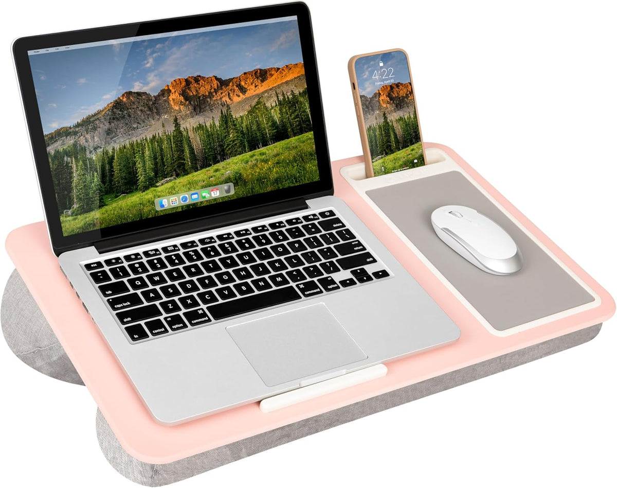 LAPGEAR Home Office Lap Desk with Device Ledge, Mouse Pad, and Phone Holder - Pink - Fits up to 15.6 Inch Laptops - Style No. 91584