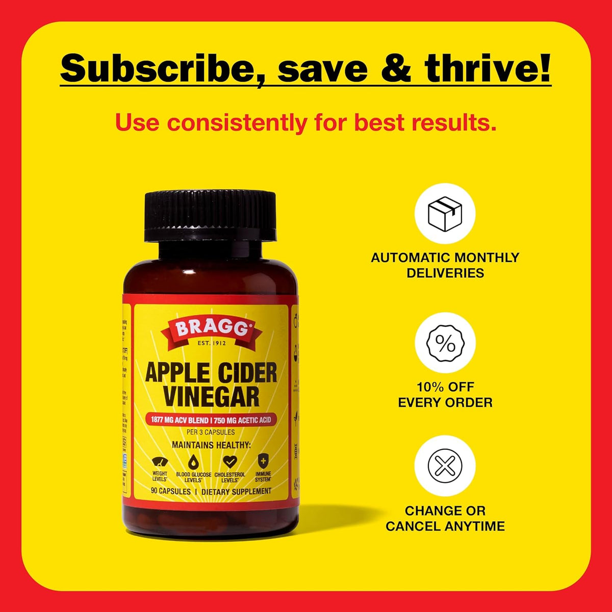Bragg Organic Apple Cider Vinegar Capsules with Vitamin D and Zinc - (2 Pack) 90 Count - Supports Immune System