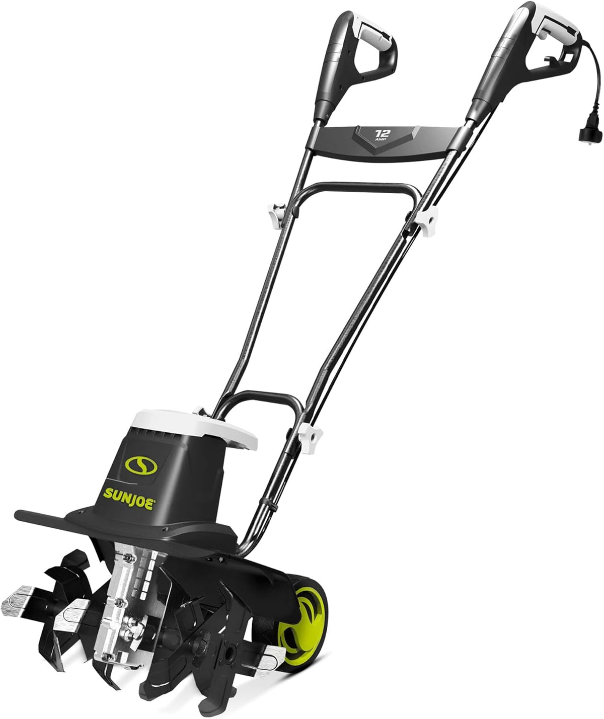 Sun Joe Electric Garden Tiller and Cultivator with 3 Position Height Adjustment Maximum 12-Inch Cultivating Width and 8 Amp Motor, TJ602E