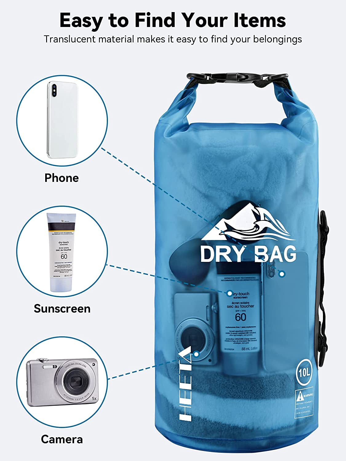 HEETA Dry Bag Waterproof for Women Men, 5L/10L/20L/30L/40L Roll Top Lightweight Dry Storage Bag Backpack with Phone Case for Travel Swimming Boating Kayaking Paddle Board Camping Beach Accessories