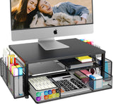 OPNICE Desk Organizer and Accessories, 2-Tier Computer Monitor Stand Riser with Drawer and 2 Pen Holders, Laptop Stand, Office Desk Accessories for Office Supplies, Black