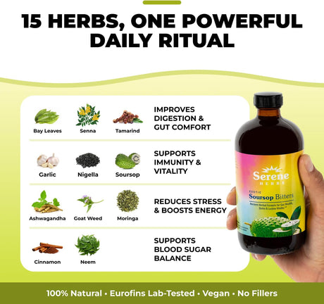 Serene Herbs - Soursop Bitters Liquid - Organic Herbal Guanabana Detox with Black Seed, Moringa & Ginger - Supports Digestive Wellness & Immune Function - 16 Fl Oz​