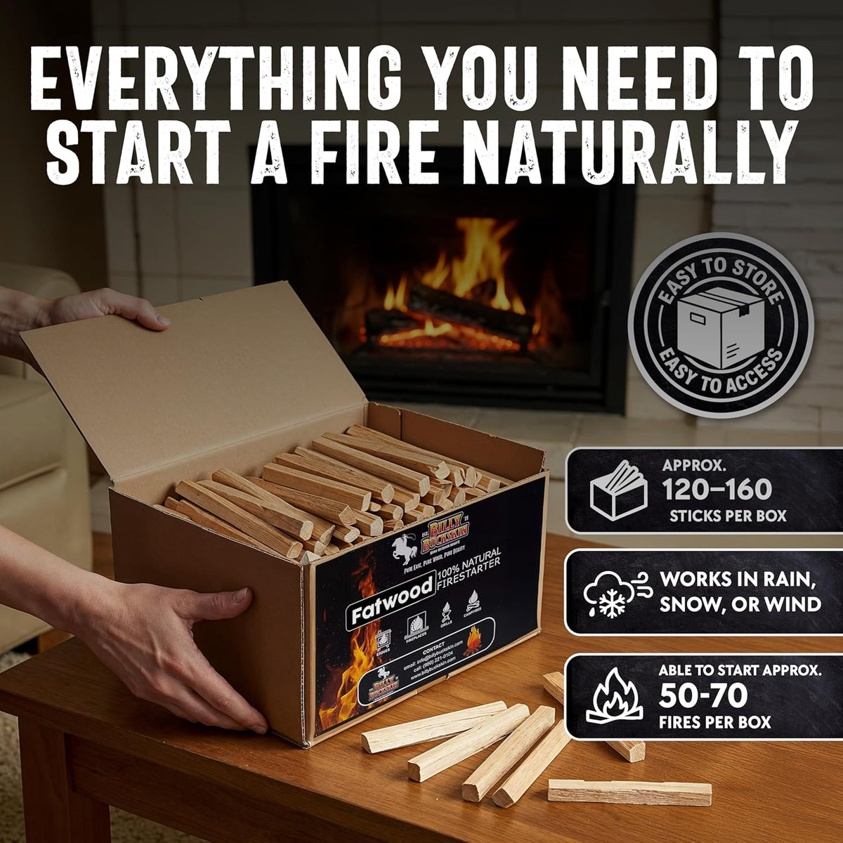 2Lb Fatwood Fire Starter Sticks | 100% Natural Fire Starters for Campfires, Firepit, Wood Stoves, Fireplaces, BBQ | Start a Fire W/Just 2 Sticks | Camping Essentials by Billy Buckskin (2Lb Bag)