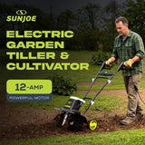 Sun Joe Electric Garden Tiller and Cultivator with 3 Position Height Adjustment Maximum 12-Inch Cultivating Width and 8 Amp Motor, TJ602E