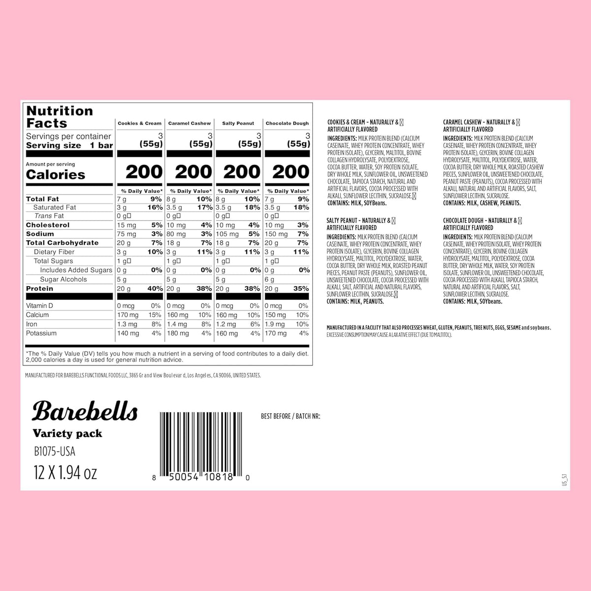 Barebells Protein Bars Chocolate Dough - 12 Count, Pack of 2 - Protein Snacks with 20G of High Protein - Low Carb Protein Bar with 1G of Total Sugars - Perfect on the Go Low Carb Snack & Breakfast Bars