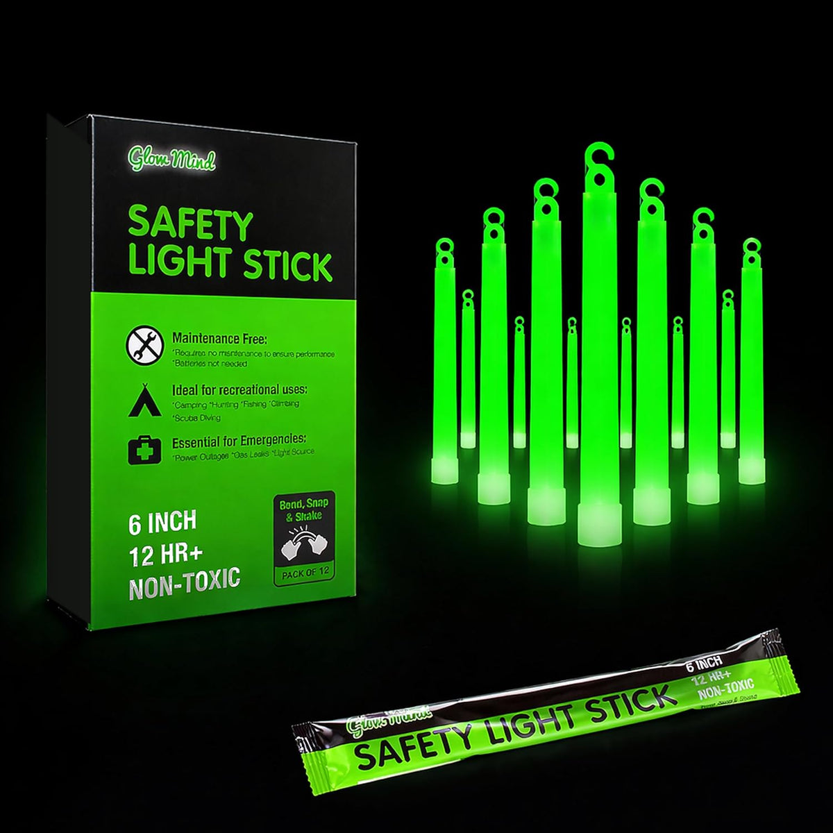 Emergency Glow Sticks with 12 Hours Duration, Individually Wrapped Industrial Grade Glowsticks for Survival Gear, Camping Lights, Power Outages and Military Use