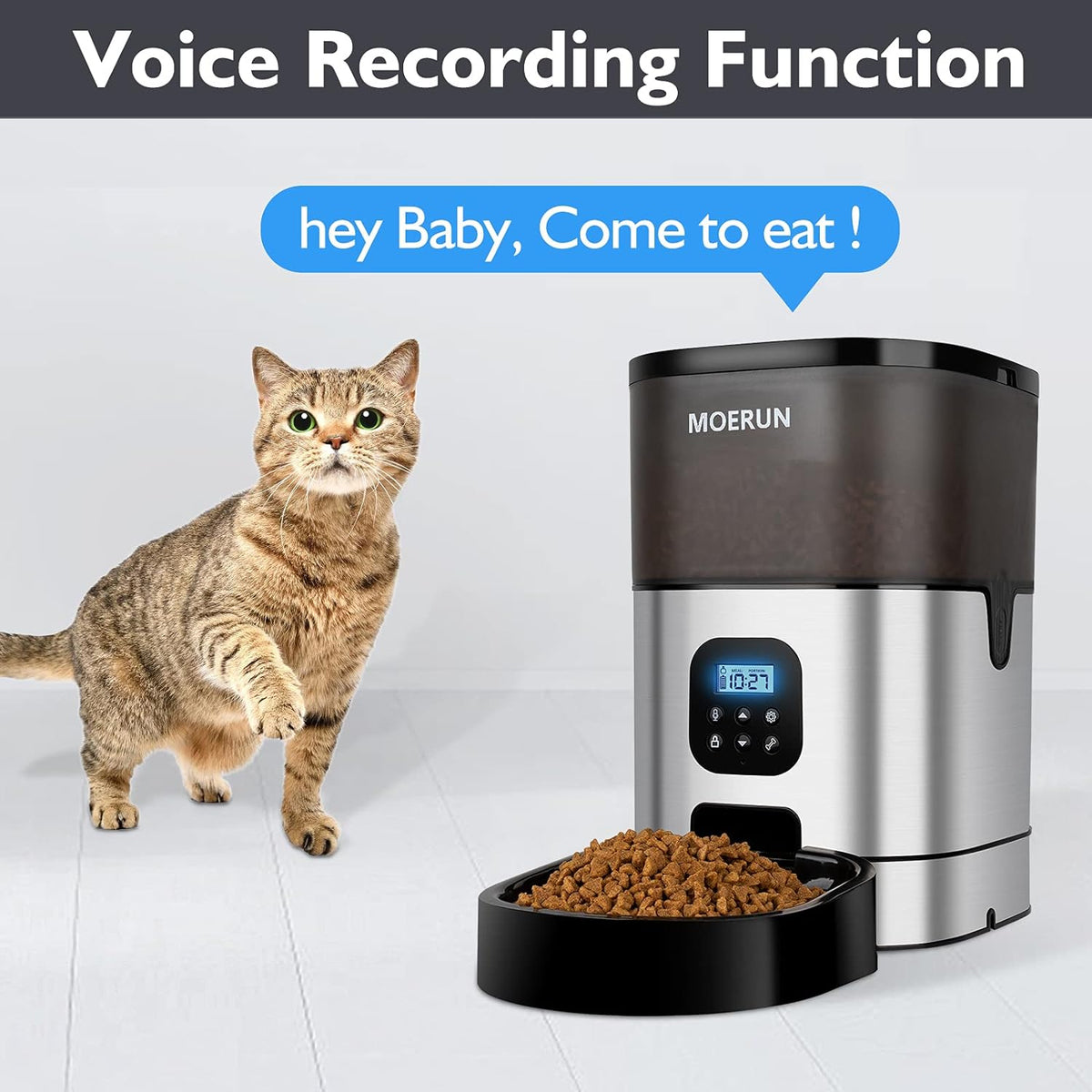 Automatic Cat Feeder MOERUN 6L Transparent Cat Food Dispenser Timed Cat Feeder with Desiccant Bag,Programmable Feeder 1-9 Portion 1-4 Meals per Day 20S Voice Recorder for Small&Medium Pets