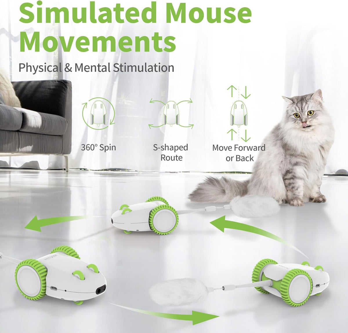 PETGEEK Automatic Cat Mouse Toys Interactive Cat Toys for Indoor Cats, Smart Sensing Moving Electric Cat Toys with Catnip Wand, USB Rechargeable Remote Control Squeaky Mouse Cat Toy, 3 Catnip Tails