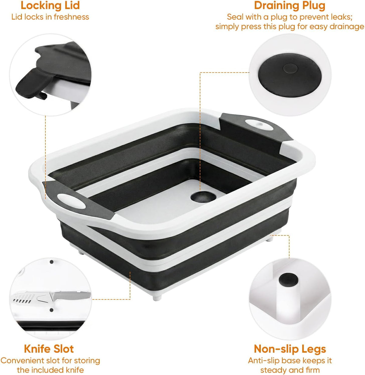 Collapsible BBQ Prep Tub with Lid, Foldable Camping Sink with Colander, Cutting Board, Dish Basin for Kitchen, Bowl, Vegetable and Fruit, Storage Basket for Picnic-Orange